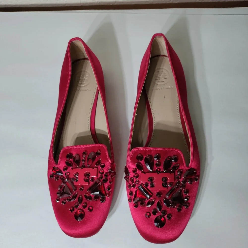 Tory Burch Red Satin Crystal Embellished Logo Loafers Smoking Flats